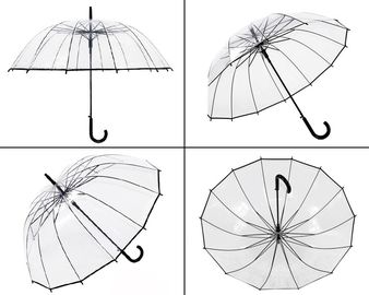 Przezroczysty parasol przeciwdeszczowy unisex z długim uchwytem 16K POE Pełna czarna metalowa rama